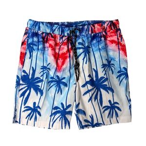 Distortion Men's Swim Trunks Red White Blue Palm Tree Stars USA Print Size L NWT